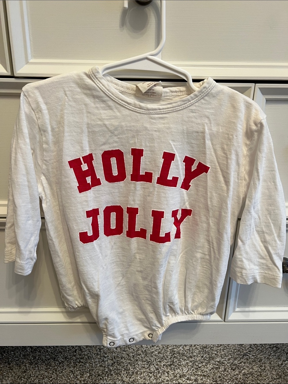 White "Holly Jolly" Long-Sleeve Kids Bodysuit with Red Lettering